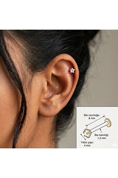 Heppii Cerrahi Çelik Yıldız Taşlı Piercing Tragus Helix Kıkırdak Conch 8 mm G...