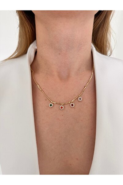 Charmist 14K Çelik Üzeri Altın Kaplama Renkli Zirkon Taşlı Ezme Zincir Kolye