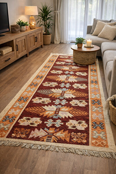 OEM Covor tradițional, dimensiune 100 x 300 cm, maro și crem, model Con de pin