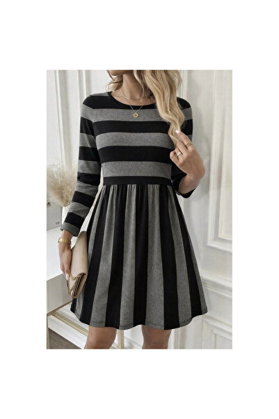 Generic Brand Rochie mini cu mânecă lungă pentru femei guler rotund cu model ...