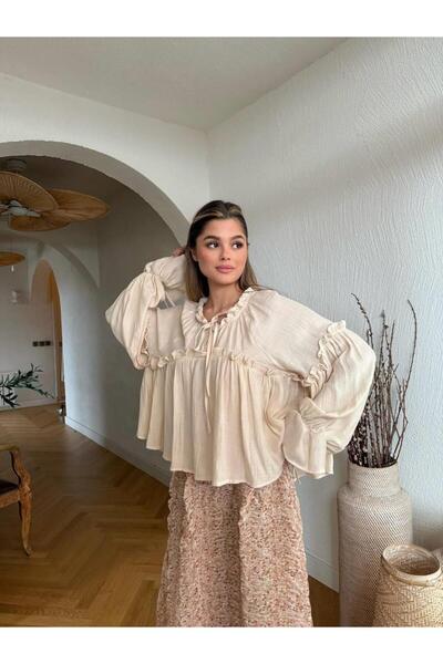 Cardella Bluză cămașă oversize pentru femei, cu volane, din viscoză