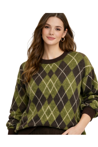 MODASPARK Yeşil Kahve Baklava Desen Bisiklet Yaka Oversize Kadın Triko Kazak