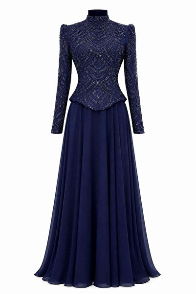 Olcay Boncuk ve Pul Bezeli Şifon Kombinli Exclusive Tesettür Abiye Elbise LAC...