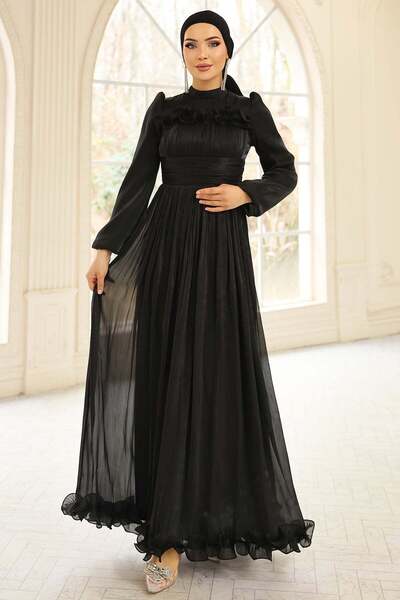 Olcay Fırfır ve Pilise Detaylı Yoryo İpek Tesettür Abiye Elbise SİYAH 1250