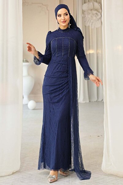 Olcay Beli Cape-detailliertes, mit Steinen verziertes Spitzen-Hijab-Abendklei...