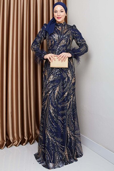 Olcay Kolu Tüy Detaylı Boncuk ve Pul İşlemeli Exclusive Tesettür Abiye Elbise...