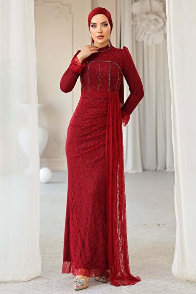Olcay Beli Pelerin Detaylı Taş Süslemeli Dantel Tesettür Abiye Elbise BORDO 1252