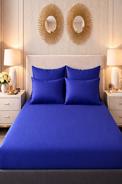 MORE HOME طقم ملاءات مطاطية فردية + غطاء وسادة باللون الأزرق الداكن