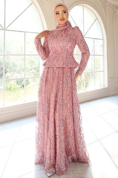 Olcay Pul ve Güpür Detaylı Exclusive Tesettür Abiye Elbise PUDRA 1057