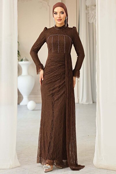 Olcay Beli Pelerin Detaylı Taş Süslemeli Dantel Tesettür Abiye Elbise KAHVE 1252