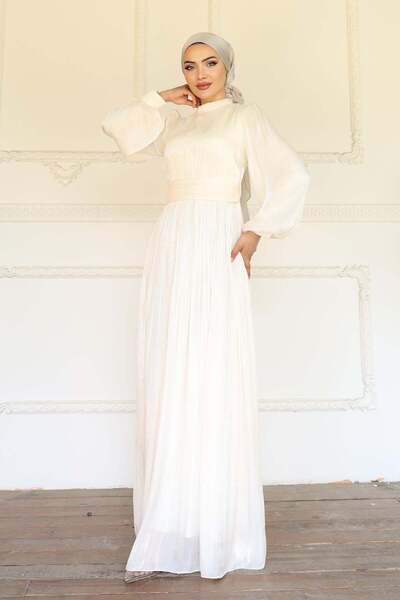 Olcay Yoryo Silk Hijab Evening Dress with Waist Belt and Drawstring Detail El...