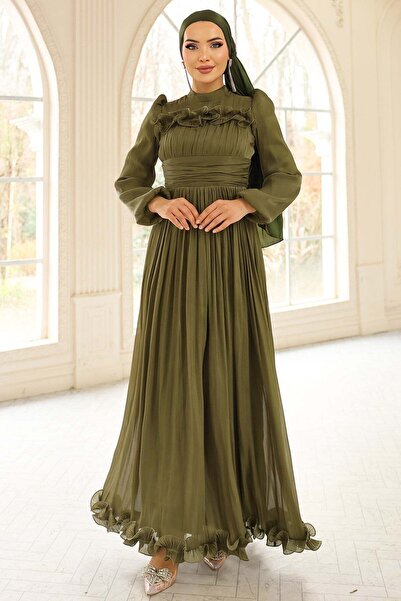 Olcay Fırfır ve Pilise Detaylı Yoryo İpek Tesettür Abiye Elbise YEŞİL 1250
