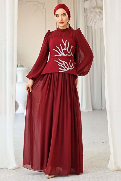 Olcay Önü Taş Desenli Krep ve Şifon Kombinli Tesettür Abiye Elbise BORDO 1689