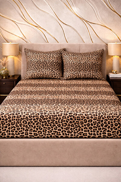 MORE HOME Single Elastic Sheet Set + Pillowcase Leopard Patterned Beige Black