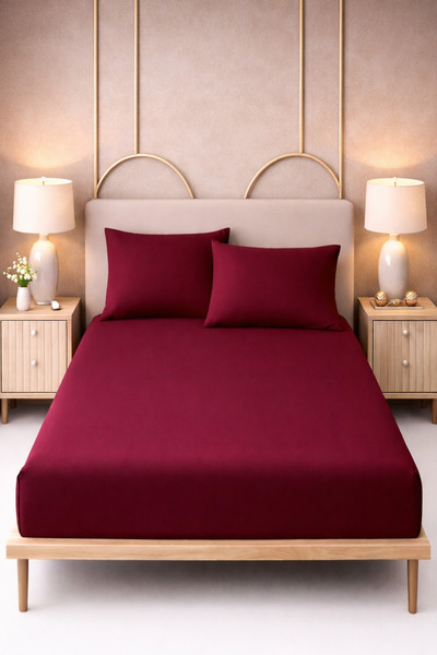 MORE HOME طقم ملاءات مطاطية فردية + غطاء وسادة باللون الأحمر الداكن