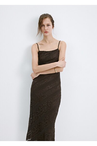 MANGO Woman Yarı transparan uzun dantel elbise