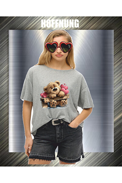 HOFFNUNG Unisex Short Sleeve Round Neck Thinking Heart Bear Printed Solid Col...