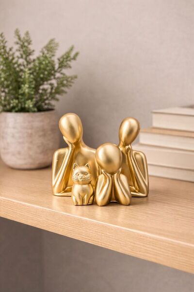 Lydia Accessory Dekoratif Obje Biblo Heykel Gold Beton Çocuklu Kedili Aile Set