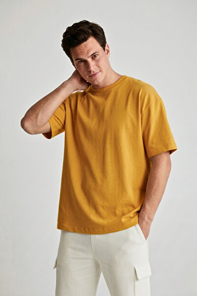 GUARAZ تي شيرت رجالي صيفي أساسي سادة مقاس كبير باللون الأصفر الخردلي 100% قطن