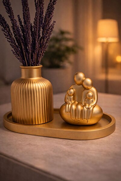 Lydia Accessory Altın Renk Dekoratif Vazo ve 4 Kişi Aile Temalı Biblo Seti – ...