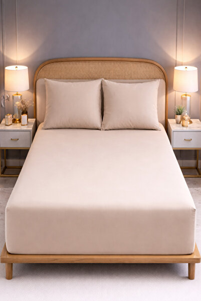 MORE HOME Double Elastic Sheet Set + Pillowcase Dark Beige