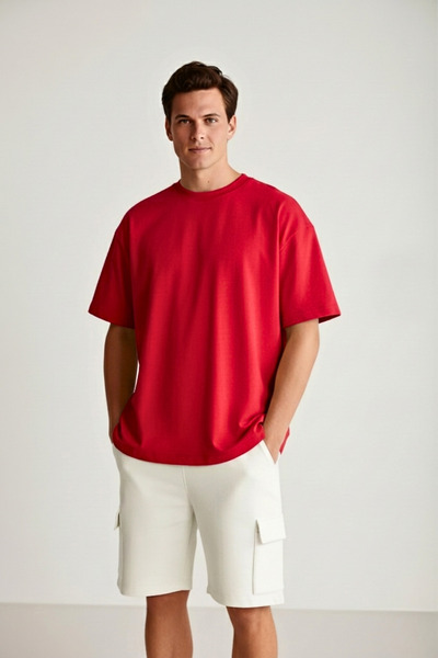GUARAZ Men's Red Oversize Crew Neck 100% Cotton Plain Basic Summer T-Shirt