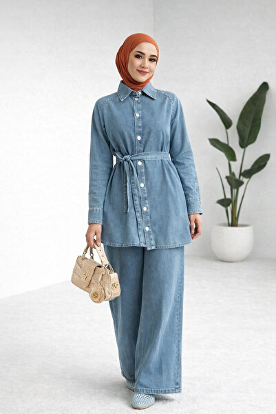 MY LİKA بدلة جينز بحزام على الخصر وسترة وبنطلون كبير الحجم
