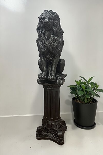 libre design Dekoratif 53 cm Metalik Siyah Aslan ve Sütun Set Ev Balkon Bahçe...