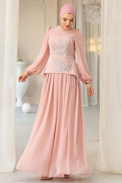 Olcay Önü Taş Desenli Krep ve Şifon Kombinli Tesettür Abiye Elbise PUDRA 1689