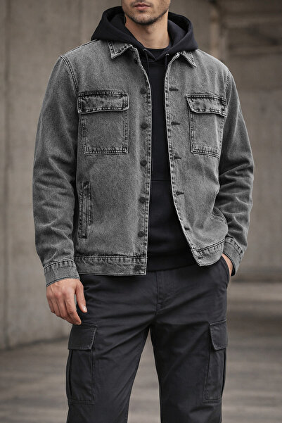 Souris Jachetă din denim afumat pentru bărbați, cu buzunare duble și husă din...