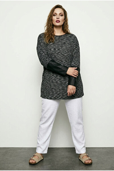 Stil Diva Plus Size Crew Neck Long Sleeve Leather Detailed Stretch Fabric Cot...