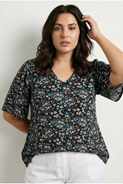 Stil Diva Tricou cu mânecă scurtă, cu pliuri asimetrice, cu imprimeu floral, ...