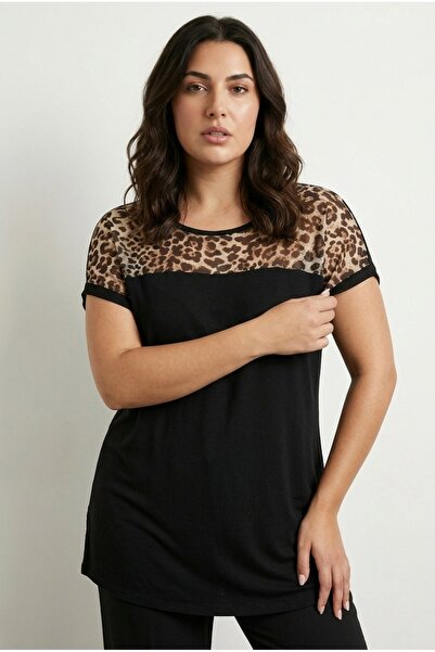 Stil Diva Plus Size Crew Neck Short Sleeve Leopard Lycra Viscose Tulle T-Shir...