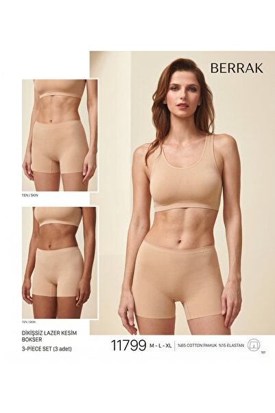 BERRAKSU 3'Lü Kadın Lazer Kesim Dikişsiz Boxer Extra Pamuklu Sağlıklı Kumaş