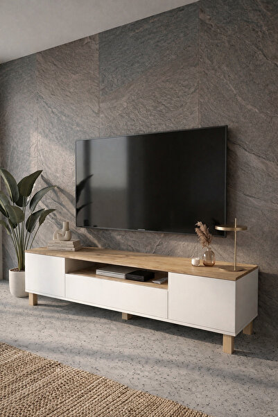 Bemerg Linari TV Ünitesi LNR-101 Beyaz&Meşe /TAMAMI 1.Kalite MDF LAM