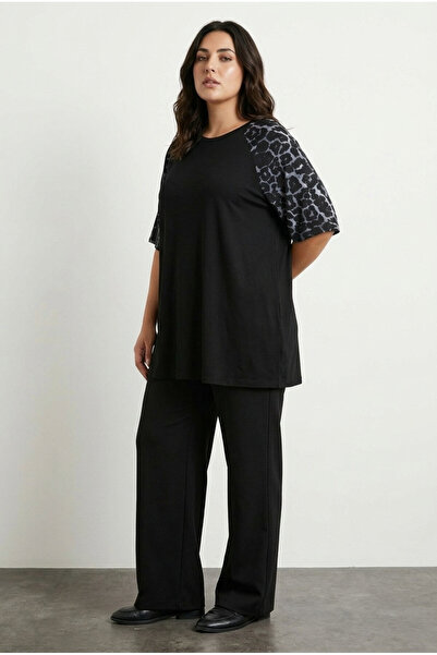 Stil Diva Mărime mare guler rotund cu mânecă scurtă leopard material elastic ...