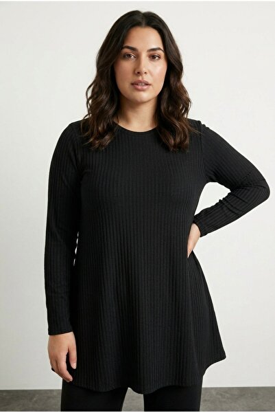 Stil Diva Large Size Crew Neck Long Sleeve Corded Fabric T-Shirt 304381