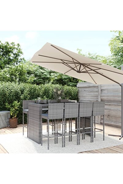 Concept Set mobilier bar de grădină, cu perne, 9 piese, gri, poliratan