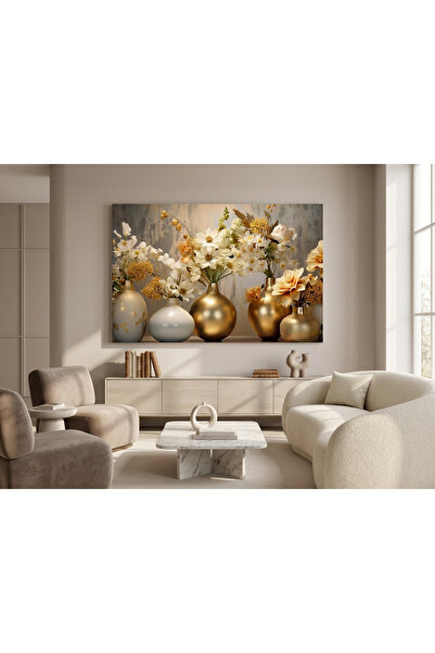 Lona Sanat Gold Vazoda Çiçekler Tek Parça Kanvas Tablo – Modern Lüks Salon Du...