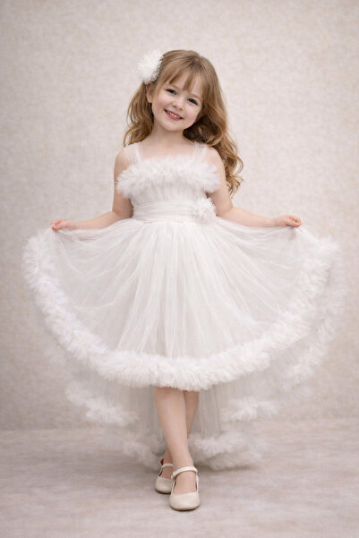 Atlas Kids Rochie de seară albă din tul prințesă cu coadă pentru fetiță – Des...