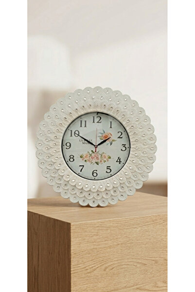 DiYer 56 cm Beyaz Çiçek Desenli Taşlı Duvar Saati - Modern Kristal Detaylı Sa...