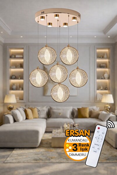 Ersan Avize Boz 6'lı Gold Kumandalı 3 Renk Işık Özellikli Dimmerli Modern Sar...