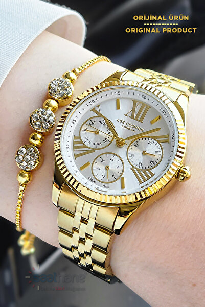 Lee Cooper ساعة يد نسائية ذهبية أصلية مع هدية، تقويم نشط، وظائف متعددة