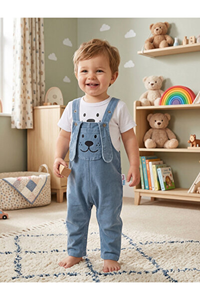 genybaby Erkek Bebek Kot Salopet Tulum Ayıcıklı Mavi Baharlık 2’li Takım