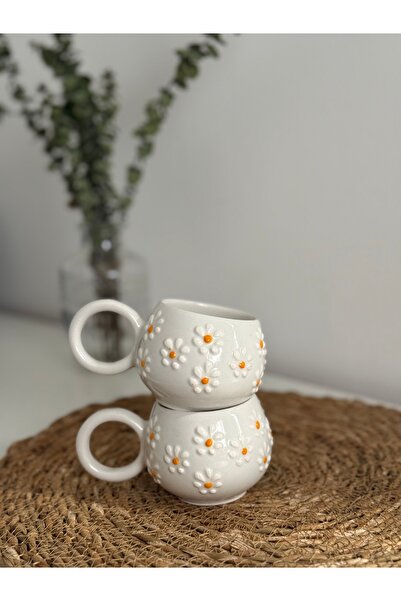 ema Seramik Kahve Fincanı Kupa Mug Bardak Papatya Desenli 150 ml (1adet)