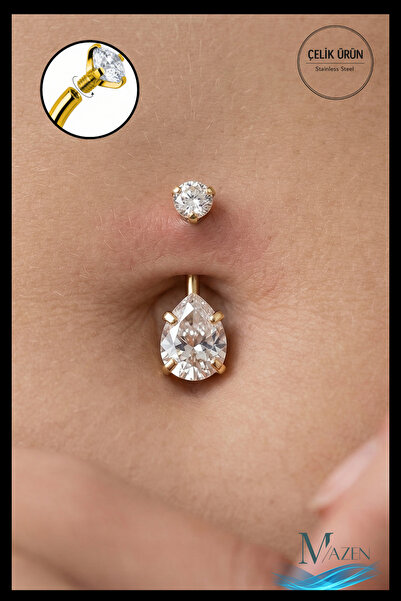 MAZEN 316l Paslanmaz Kararmaz Cerrahi Çelik Damla Şekilli Zirkon Taşlı Göbek ...