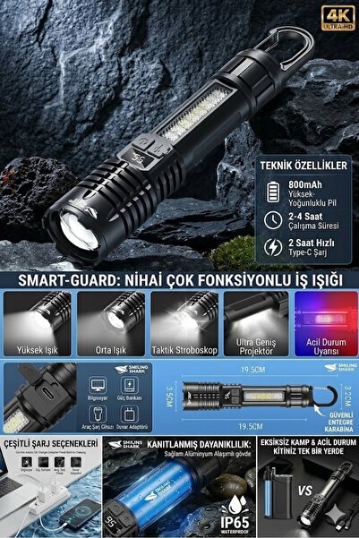 Janva Usb Şarjlı Zoomlu Kancalı Çakarlı Ultra Güçlü El Feneri Bekçi Polis Bal...