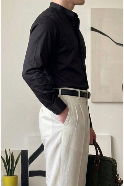 Plus Ninety Plusninety Men's Hakim Collar Cotton Satin Slim Fit Shirt