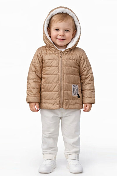 Mika Bebek & Çocuk Tight Fit Plush Hooded Beige Unisex Baby Coat