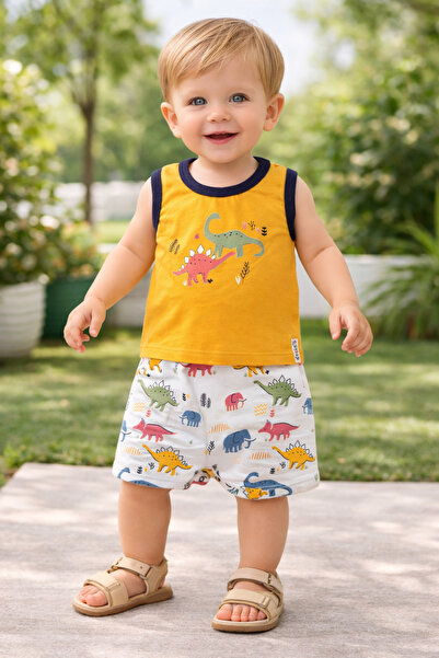 Mika Bebek & Çocuk طقم رومبير صيفي بلون الخردل مطبوع عليه ديناصور للأطفال الر...